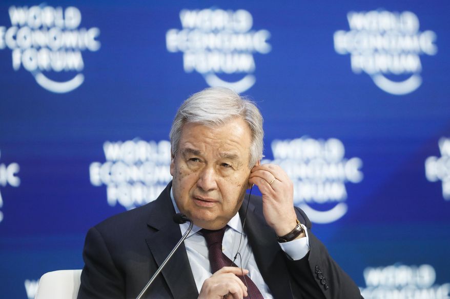 In this Aug. 25, 2020 file photo, United Nations Secretary-General Antonio Guterres attends a session during the World Economic Forum in Davos, Switzerland.    (AP Photo/Markus Schreiber, File)  **FILE**