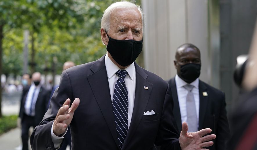 Democratic presidential candidate and former Vice President Joe Biden speaks with reporters as he departs the National September 11 Memorial in New York, Friday, Sept. 11, 2020, after attending a ceremony marking the 19th anniversary of the Sept. 11 terrorist attacks. (AP Photo/Patrick Semansky)