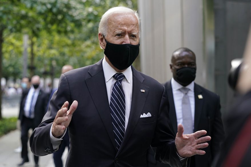 Democratic presidential candidate and former Vice President Joe Biden speaks with reporters as he departs the National September 11 Memorial in New York, Friday, Sept. 11, 2020, after attending a ceremony marking the 19th anniversary of the Sept. 11 terrorist attacks. (AP Photo/Patrick Semansky)