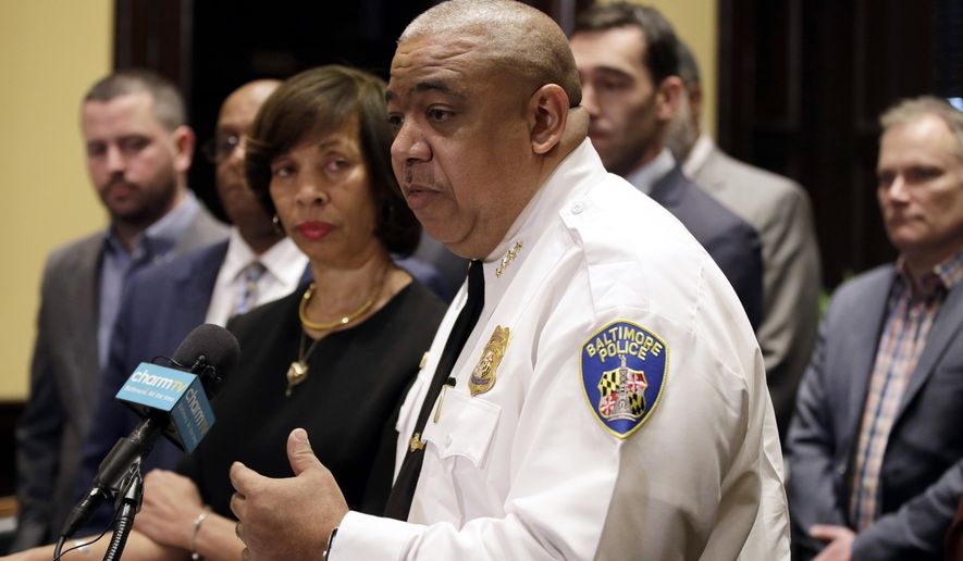 FILE - In this Monday, Feb. 11, 2019 file photo, Michael Harrison, acting commissioner of the Baltimore Police Department, speaks at an introductory news conference in Baltimore. The Baltimore Police Department has revealed the aerial surveillance system being tested in the city since May has provided officers evidentiary information in 81 cases, including 19 homicides. But the department on Friday. Sept. 11, 2020 also acknowledged it does not have enough data yet to determine the effectiveness of the pilot program.  (AP Photo/Patrick Semansky, File)