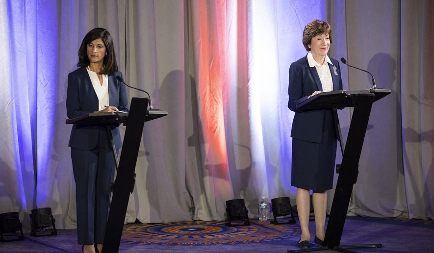 Maine House Speaker Sara Gideon, left, and incumbent Sen. Susan Collins participate in a debate at the Holiday Inn By The Bay, Friday, Sept. 11, 2020 in Portland, Maine.  (Brianna Soukup/Portland Press Herald via AP)
