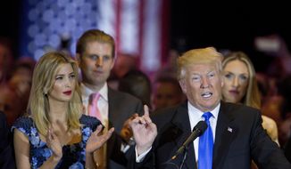 FILE - In this  Tuesday, May 3, 2016 file photo, Republican presidential candidate Donald daughter Ivanka, left, and son Eric, background left, as he speaks during a primary night news conference in New York. The barbs that have flown between President Donald Trump and his family and Chicago Mayor Lori Lightfoot haven’t prevented either side from engaging occasionally in niceties. (AP Photo/Mary Altaffer, File)