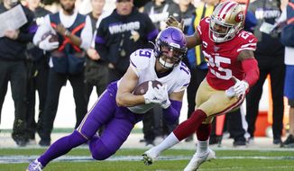 FILE - In this Jan. 11, 2020, file photo, Minnesota Vikings wide receiver Adam Thielen (19) is tackled by San Francisco 49ers cornerback Richard Sherman (25) during the first half of an NFL divisional playoff football game in Santa Clara, Calif. Thielen has a lot of work to do this season, trying to make up for lost injury time last season, overcome the departure of pal Stefon Diggs and lead an inexperienced group. (AP Photo/Tony Avelar, File)