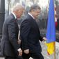 FILE - In this Jan. 16, 2017, file photo Vice President Joe Biden, left, and Ukrainian President Petro Poroshenko go for talks during Biden&#39;s visit in Kiev, Ukraine. The leaked recordings of apparent conversations between Joe Biden and Ukraine’s then-president largely confirm Biden’s account of his dealings in Ukraine. The choppy audio, disclosed by a Ukrainian lawmaker whom U.S. officials described Thursday, Sept. 10, 2020, as an “active Russian agent” who has sought to spread online misinformation about Biden. (AP Photo/Efrem Lukatsky, File)