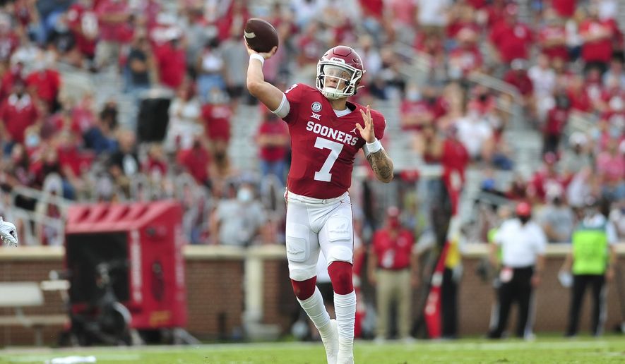 Oklahoma quarterback Spencer Rattler passes during an NCAA college football game against Missouri State, Saturday, Sept. 12, 2020, in Norman, Okla. (Kyle Phillips/The Norman Transcript via AP)