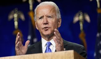 In this Aug. 20, 2020, file photo, Democratic presidential candidate former Vice President Joe Biden speaks during the fourth day of the Democratic National Convention at the Chase Center in Wilmington, Del. (AP Photo/Andrew Harnik, File)  **FILE**