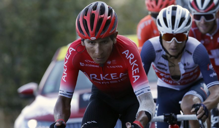 Colombia&#39;s Nairo Quintana climbs Grand Colombier during the stage 15 of the Tour de France cycling race over 174 kilometers (108 miles), with start in Lyon and finish in Grand Colombier, Sunday, Sept. 13, 2020. (AP Photo/Christophe Ena)  **FILE**