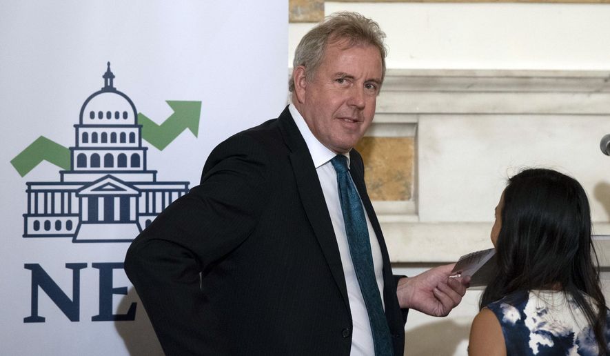 FILE - In this Friday, Oct. 20, 2017, file photo, British Ambassador Kim Darroch hosts a National Economists Club event at the British Embassy in Washington. Darroch, who was British ambassador to the United States until leaked comments about Donald Trump ended his career in July 2019,  says he’s not bitter about the way his career ended, and he tells his side of the story in a new memoir “Collateral Damage.” (AP Photo/Sait Serkan Gurbuz, File)