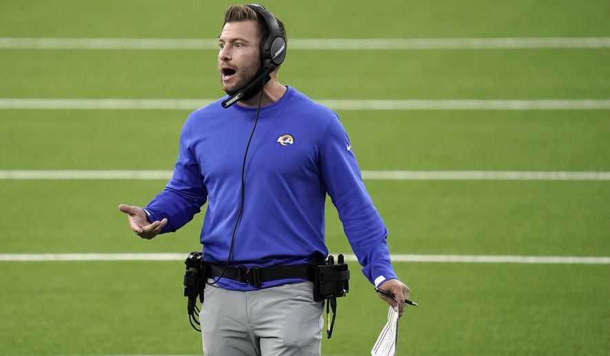 Los Angeles Rams head coach Sean McVay yells out instructions during the first half of an NFL football game against the Dallas Cowboys Sunday, Sept. 13, 2020, in Inglewood, Calif. (AP Photo/Jae C. Hong )