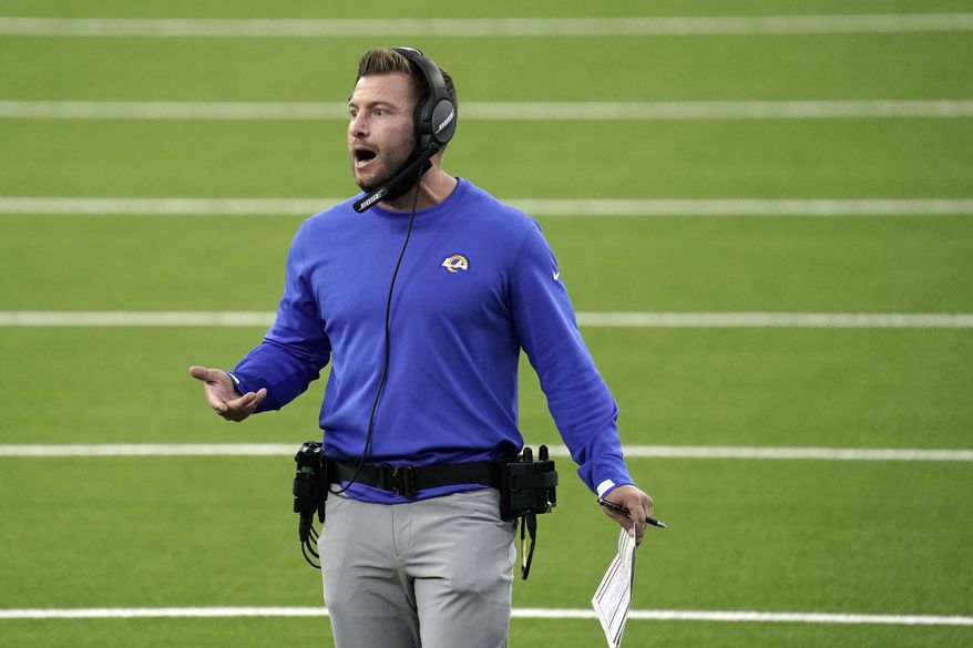 Los Angeles Rams head coach Sean McVay yells out instructions during the first half of an NFL football game against the Dallas Cowboys Sunday, Sept. 13, 2020, in Inglewood, Calif. (AP Photo/Jae C. Hong )