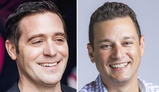 These undated photos provided by T-Mobile shows, from left, T-Mobile executives Matt Staneff and Mike Katz. T-Mobile is pushing to offer internet service to schools that are doing online learning with a program aimed at low-income students who don’t have access.   (T-Mobile via AP)