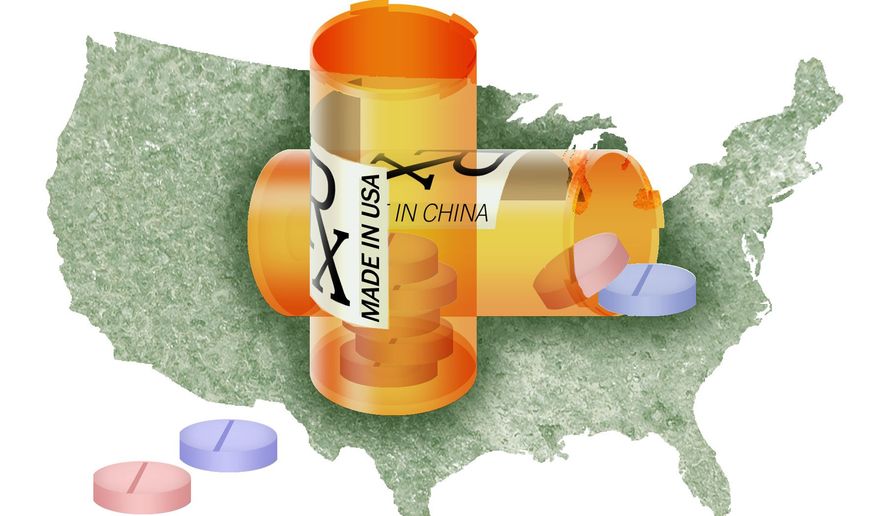 Illustration on domestic drug manufacturing by Alexander Hunter/The Washington Times