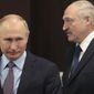 In this file photo taken on Friday, Feb. 15, 2019, Russian President Vladimir Putin, left, and Belarusian President Alexander Lukashenko meet in the Black sea resort of Sochi, Russia. Alexander Lukashenko&#39;s talks with Russian President Vladimir Putin on Monday, Sept. 14, 2020, in the Black Sea resort of Sochi come a day after an estimated 150,000 people flooded the streets of the Belarusian capital, demanding Lukashenko&#39;s resignation. (Sergei Chirikov/Pool Photo via AP, File)