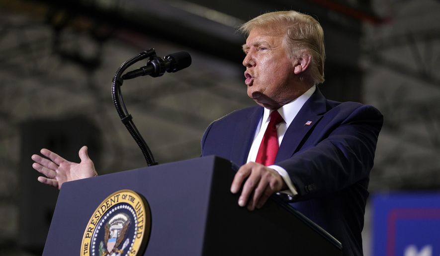President Donald Trump speaks at a rally at Xtreme Manufacturing, Sunday, Sept. 13, 2020, in Henderson, Nev. (AP Photo/Andrew Harnik)