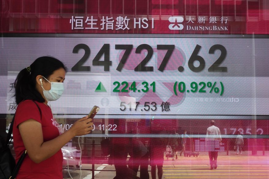 A woman walks past a bank&#39;s electronic board showing the Hong Kong share index at Hong Kong Stock Exchange Monday, Sept. 14, 2020. Asian shares are rising, despite the rollercoast ride that closed Wall Street last week, as traders awaited cues from the U.S. central bank expected later in the week. (AP Photo/Vincent Yu)