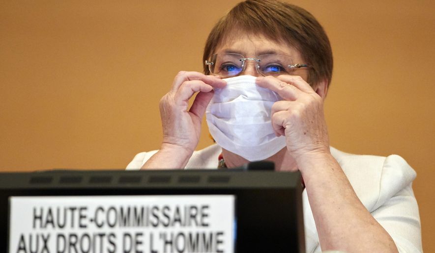 High Commissioner for Human Rights Michelle Bachelet attends the 44th session of the Human Rights Council at the European headquarters of the United Nations in Geneva, Switzerland, Tuesday, 30 June 2020. (Denis Balibouse/Keystone via AP)