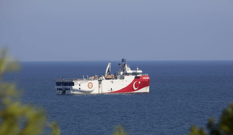 Turkey&#39;s research vessel, Oruc Reis anchored off the coast of Antalya on the Mediterranean, Turkey, Sunday, Sept. 13, 2020. Greece&#39;s Prime Minister Kyriakos Mitsotakis welcomed the return of a Turkish survey vessel to port Sunday from a disputed area of the eastern Mediterranean that has been at the heart of a summer stand-off between Greece and Turkey over energy rights.(AP Photo/Burhan Ozbilici)