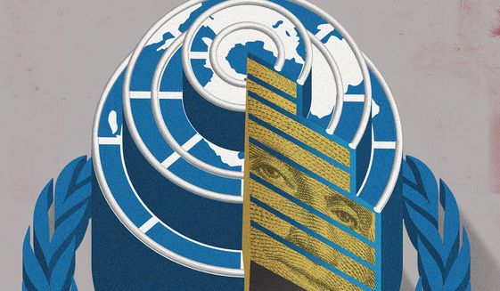 Illustration on the U.N. at 75 by Linas Garsys/The Washington Times