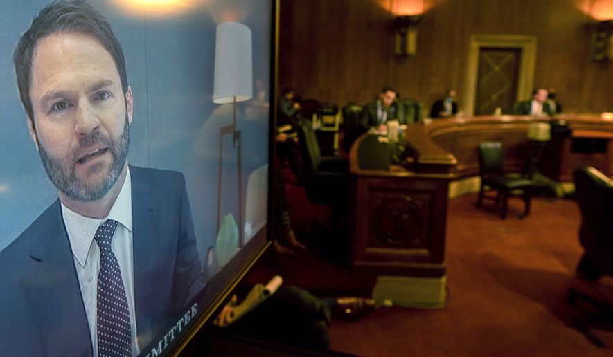 Donald Harrison, President of Global Partnerships and Corporate Development for Google, testifies via video conference during a Judiciary Subcommittee on Antitrust, Competition Policy and Consumer rights hearing to examine whether Google harmed competition in online advertising, Tuesday, Sept. 15, 2020, on Capitol Hill in Washington. (AP Photo/Jacquelyn Martin)