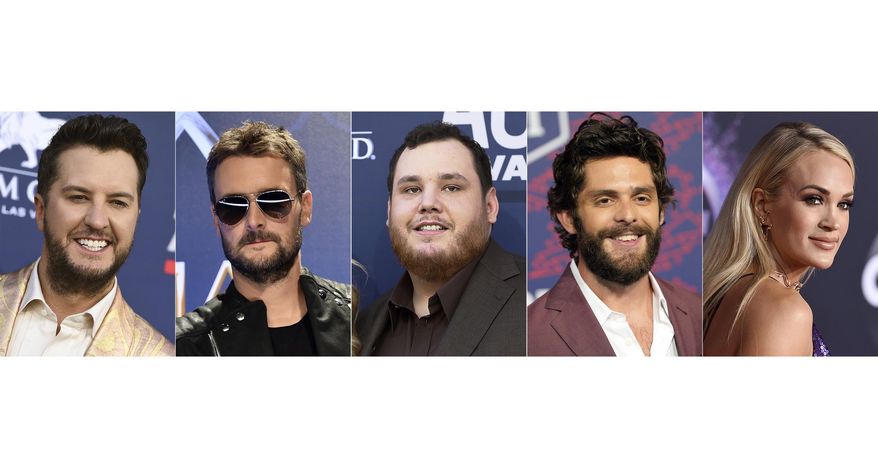 This combination photo shows, from left, Luke Bryan, Eric Church, Luke Combs, Thomas Rhett and Carrie Underwood, nominees for entertainer of the year at the 55th ACM Awards. (AP Photo)