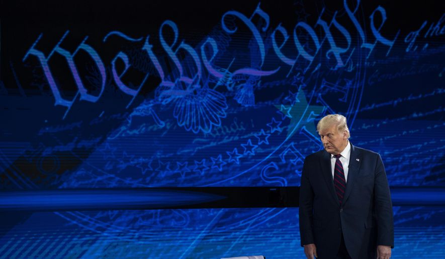 President Donald Trump arrives for an ABC News town hall at National Constitution Center, Tuesday, Sept. 15, 2020, in Philadelphia. (AP Photo/Evan Vucci)