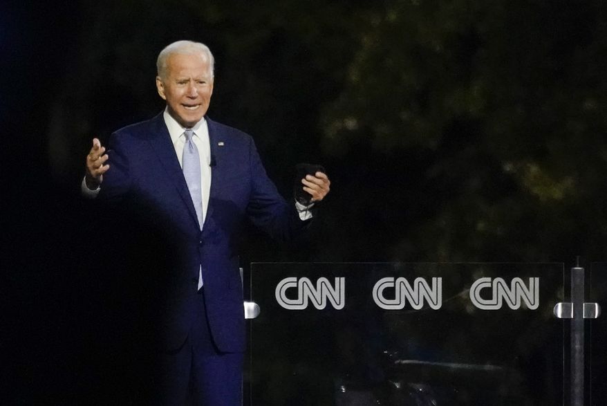 Democratic presidential candidate former Vice President Joe Biden participates in a CNN town hall moderated by Anderson Cooper in Moosic, Pa., Thursday, Sept. 17, 2020. (AP Photo/Carolyn Kaster)