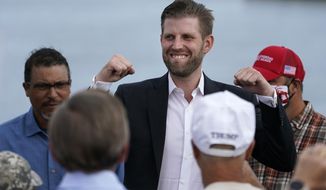 Eric Trump, the son of President Donald Trump, speaks at a campaign rally for his father, Tuesday, Sept. 17, 2020, in Saco, Maine. (AP Photo/Robert F. Bukaty)