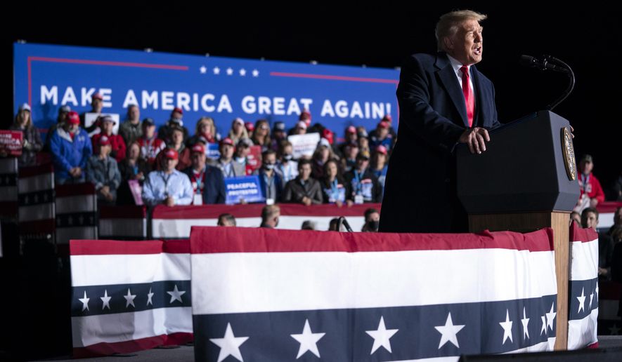 President Donald Trump speaks during a campaign rally at Central Wisconsin Airport, Thursday, Sept. 17, 2020, in Mosinee, Wis. (AP Photo/Evan Vucci)