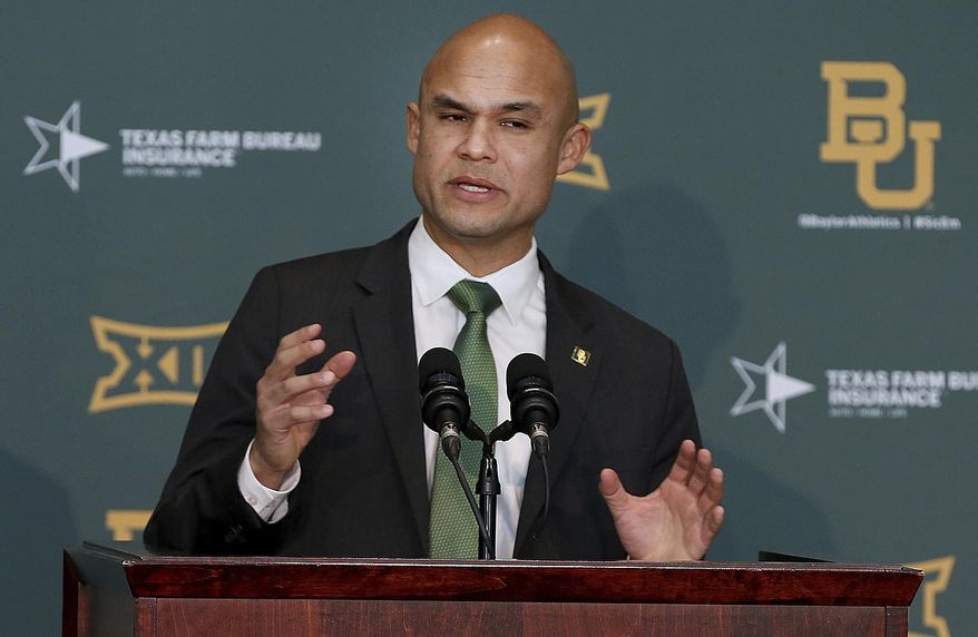 FILE - In this Jan. 20, 2020 file photo, Baylor&#39;s new head football coach Dave Aranda addresses the media during an NCAA college football news conference in Waco, Texas.   Aranda will make his delayed debut as Baylor&#39;s coach in a quickly arranged and unexpected reunion of old Southwest Conference rivals. Baylor and Houston open this pandemic-altered season Saturday, Sept. 19,  with their first meeting since the SWC’s final season in 1995.  (Jerry Larson/Waco Tribune-Herald via AP, File)