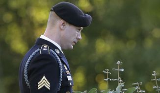 FILE - In this Friday, Nov. 3, 2017 file photo, Army Sgt. Bowe Bergdahl leaves the Fort Bragg courtroom facility as the judge deliberates during a sentencing hearing at Fort Bragg, N.C .A new motion filed, Friday, Sept. 18, 2020 in the case of former U.S Army Sgt. Bowe Bergdahl is asking the highest appeals court for the U.S. military to overturn his conviction, citing an alleged conflict of interest involving the judge who originally presided over his sentencing. (AP Photo/Gerry Broome, File)