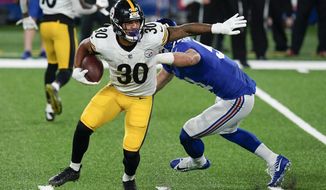 Pittsburgh Steelers running back James Conner (30) runs the ball against the New York Giants during the second quarter of an NFL football game Monday, Sept. 14, 2020, in East Rutherford, N.J. (AP Photo/Seth Wenig)