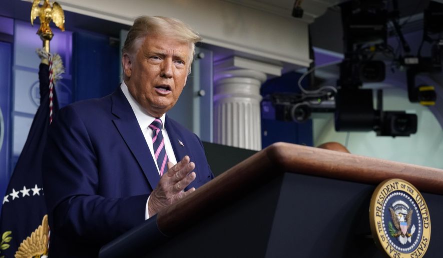 President Donald Trump speaks during a news conference in the James Brady Press Briefing Room of the White House, Friday, Sept. 18, 2020, in Washington. (AP Photo/Alex Brandon)  **FILE**