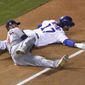 Minnesota Twins third baseman Josh Donaldson (24) tags out Chicago Cubs&#39; Kris Bryant (17) at third base during the first inning of a baseball game, Friday, Sept. 18, 2020, in Chicago. (AP Photo/David Banks)
