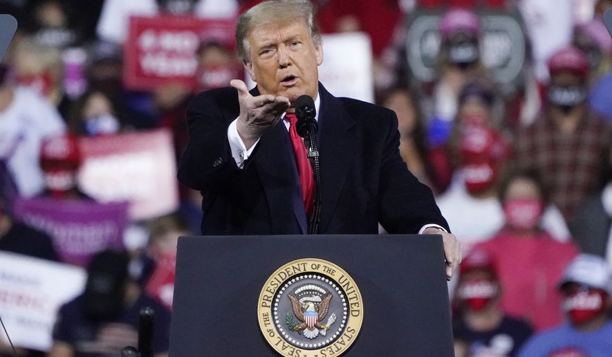 President Donald Trump speaks at a campaign rally, Saturday, Sept. 19, 2020 at the Fayetteville Regional Airport in Fayetteville, N.C. (AP Photo/Chris Carlson)