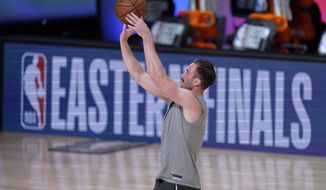Boston Celtics&#39; Gordon Hayward warms up for Game 3 of the team&#39;s NBA basketball Eastern Conference final against the Miami Heat on Saturday, Sept. 19, 2020, in Lake Buena Vista, Fla. (AP Photo/Mark J. Terrill)