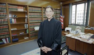In this Aug. 3, 1993, file photo, then-Judge Ruth Bader Ginsburg poses in her robe in her office at U.S. District Court in Washington. Earlier, the Senate voted 96-3 to confirm Bader as the 107th justice and the second woman to serve on the Supreme Court. Ruth Bader Ginsburg died at her home in Washington, on Sept. 18, 2020, the Supreme Court announced. (AP Photo/Doug Mills, File)   **FILE**