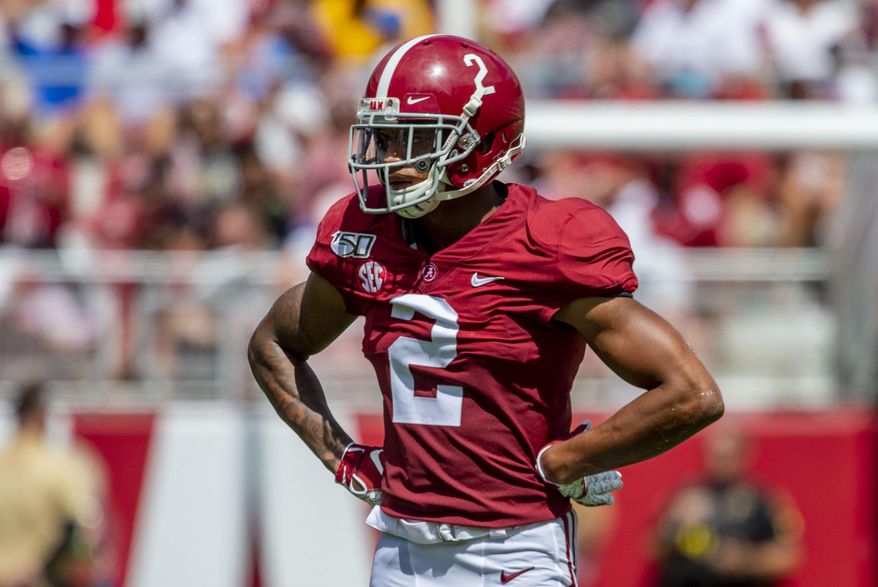 FILE - In this Sept. 21, 2019, file photo, Alabama defensive back Patrick Surtain II (2) waits for a play during the team's NCAA college football game against Southern Miss in Tuscaloosa, Ala. Two of the Alabama defense's big names-- Surtain and linebacker Dylan Moses--are back, along with potential stars like Ray and linebacker Christian Harris. (AP Photo/Vasha Hunt, File)
