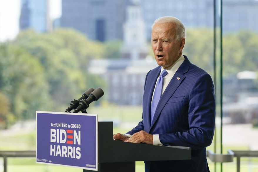 Democratic presidential candidate and former Vice President Joe Biden speaks at the Constitution Center in Philadelphia, Sunday, Sept. 20, 2020, about the Supreme Court. (AP Photo/Carolyn Kaster)
