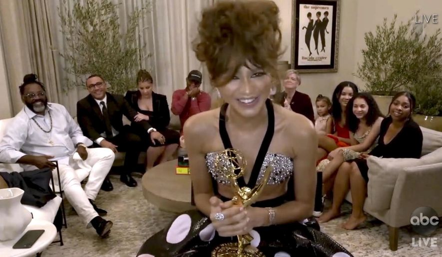 In this video grab captured on Sept. 20, 2020, courtesy of the Academy of Television Arts &amp;amp; Sciences and ABC Entertainment, Zendaya accepts the award for outstanding lead actress in a drama series for &amp;quot;Euphoria&amp;quot; during the 72nd Emmy Awards broadcast. (The Television Academy and ABC Entertainment via AP)