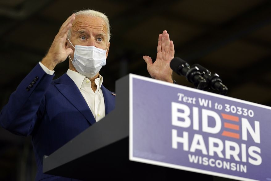 Democratic presidential candidate former Vice President Joe Biden speaks at Wisconsin Aluminum Foundry in Manitowoc, Wis., Monday, Sept. 21, 2020. (AP Photo/Carolyn Kaster)