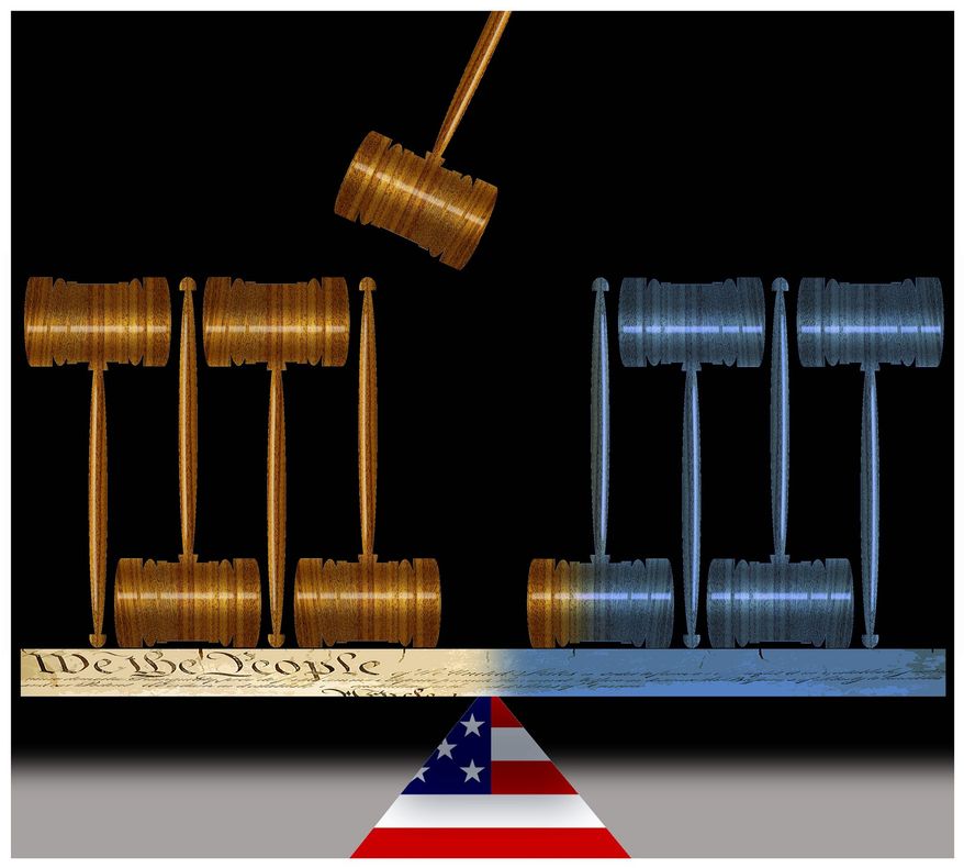 Illustration on the balance of the Supreme Court by Alexander Hunter/The Washington Times