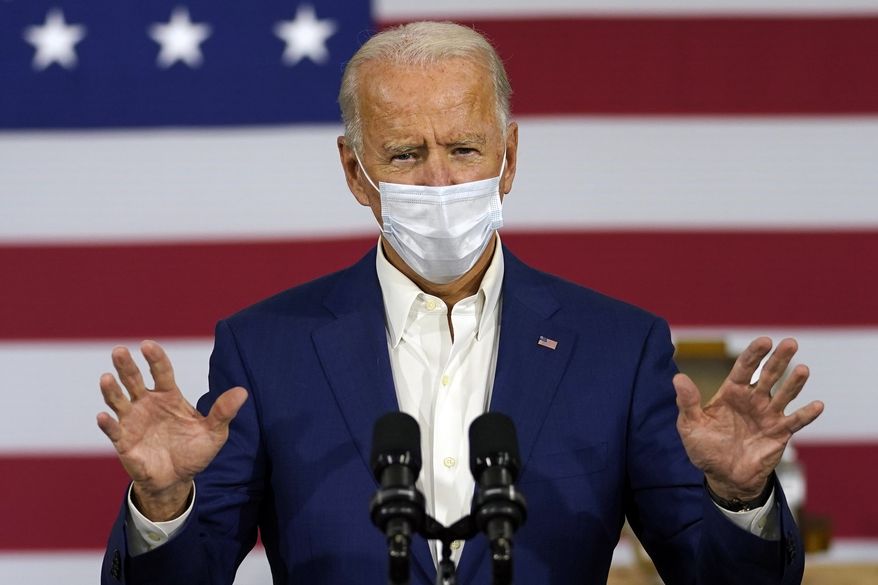 Democratic presidential candidate former Vice President Joe Biden speaks at Wisconsin Aluminum Foundry in Manitowoc, Wis., Monday, Sept. 21, 2020. (AP Photo/Carolyn Kaster)