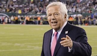 In this Oct. 21, 2019, file photo, New England Patriots owner Robert Kraft points to fans as his team warms up before an NFL football game against the New York Jets in East Rutherford, N.J.  Florida prosecutors said Monday, Sept. 21, 2020, that they will not appeal a court&#39;s decision to block video allegedly showing Kraft paying for massage parlor sex, making it likely the charges against him will be dropped. (AP Photo/Bill Kostroun, File)  **FILE**