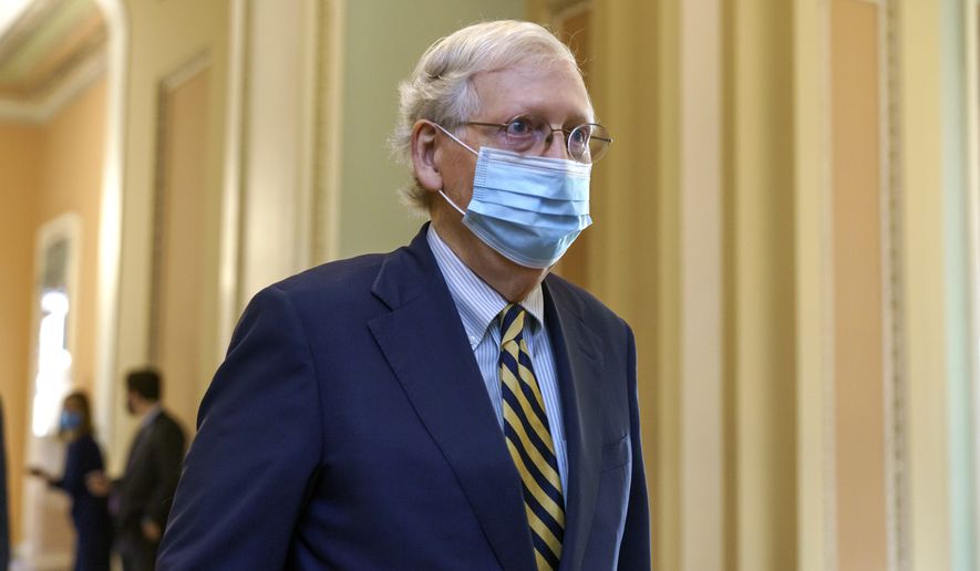 Senate Majority Leader Mitch McConnell, R-Ky., walks to the chamber to speak about the death of Supreme Court Justice Ruth Bader Ginsburg, at the Capitol in Washington, Monday, Sept. 21, 2020. Her death leaves a vacancy that could be filled by a more conservative justice by President Donald Trump. (AP Photo/J. Scott Applewhite)