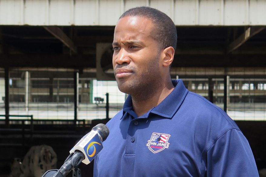 In this Monday, June 22, 2020, file photo, Republican U.S. Senate candidate John James speaks at Weir Farms in Hanover Township, Mich. Democratic Sen. Gary Peters and his Republican challenger James have staked out differing stances on the fight over President Donald Trump&#39;s pending Supreme Court pick. (AP Photo/David Eggert, FIie)  **FILE**