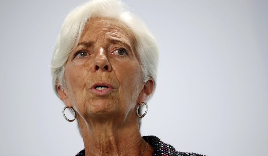 European Central Bank (ECB) President Christine Lagarde attends a news conference during the Informal Meeting of Economics and Finance Ministers in Berlin, Germany, Friday, Sept. 11, 2020. (Hannibal Hanschke/Pool Photo via AP)