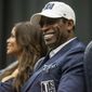 Deion Sanders smiles as he is introduced as Jackson State&#39;s head football coach at the Lee E. Williams Athletics and Assembly Center at Jackson State University in Jackson, Miss., Monday, Sept. 21, 2020. (Eric Shelton/The Clarion-Ledger via AP)