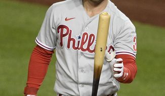 Philadelphia Phillies&#39; Bryce Harper reacts after striking out during the fifth inning of a baseball game against the Washington Nationals, Monday, Sept. 21, 2020, in Washington. (AP Photo/Nick Wass)