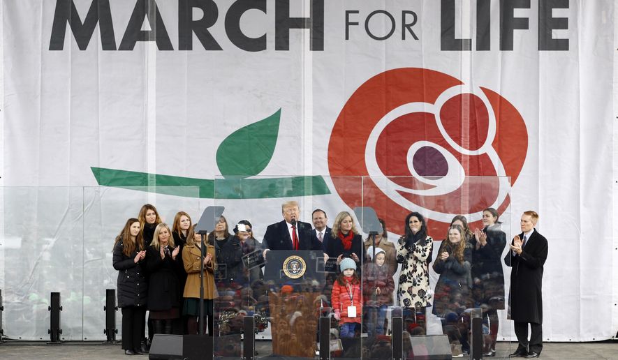 FILE - In this Friday, Jan. 24, 2020, file photo, President Donald Trump speaks at the &amp;quot;March for Life&amp;quot; rally on the National Mall in Washington. The Supreme Court vacancy created by the death of Justice Ruth Bader Ginsburg is heightening a sense of alarm among supporters of abortion rights. And it’s fueling a surge of optimism among abortion opponents. (AP Photo/Patrick Semansky, File)