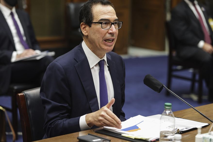 Treasury Secretary Steven Mnuchin testifies before the House Select Subcommittee on the Coronavirus Crisis, during a hybrid hearing, Tuesday, Sept. 1, 2020, on Capitol Hill in Washington. (Graeme Jennings/Pool via AP) **FILE**